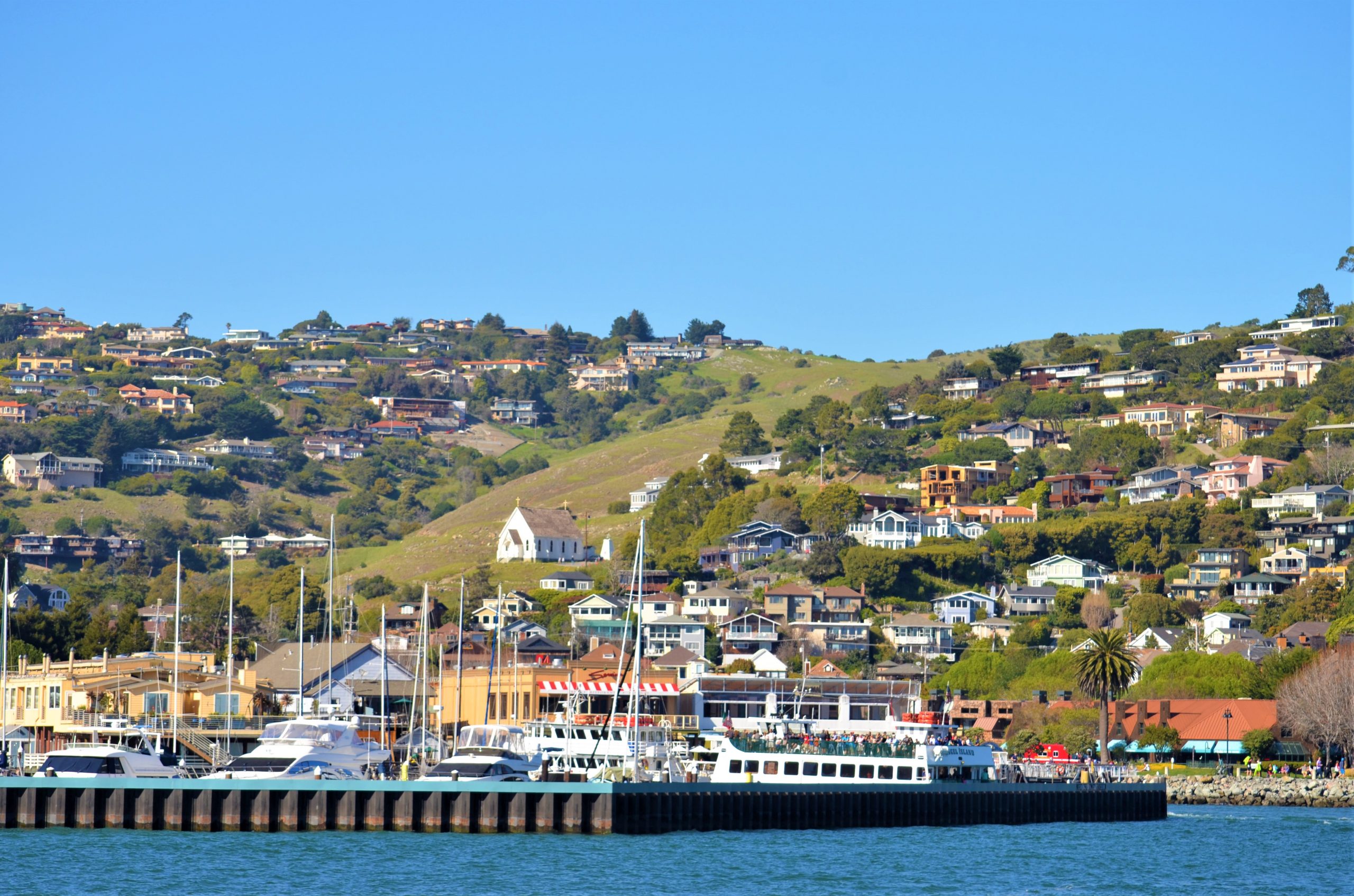 The town of Tiburon, CA is viewed from the waterfront. Many homes nestled into the hillside and many local waterfront businesses are pictured.