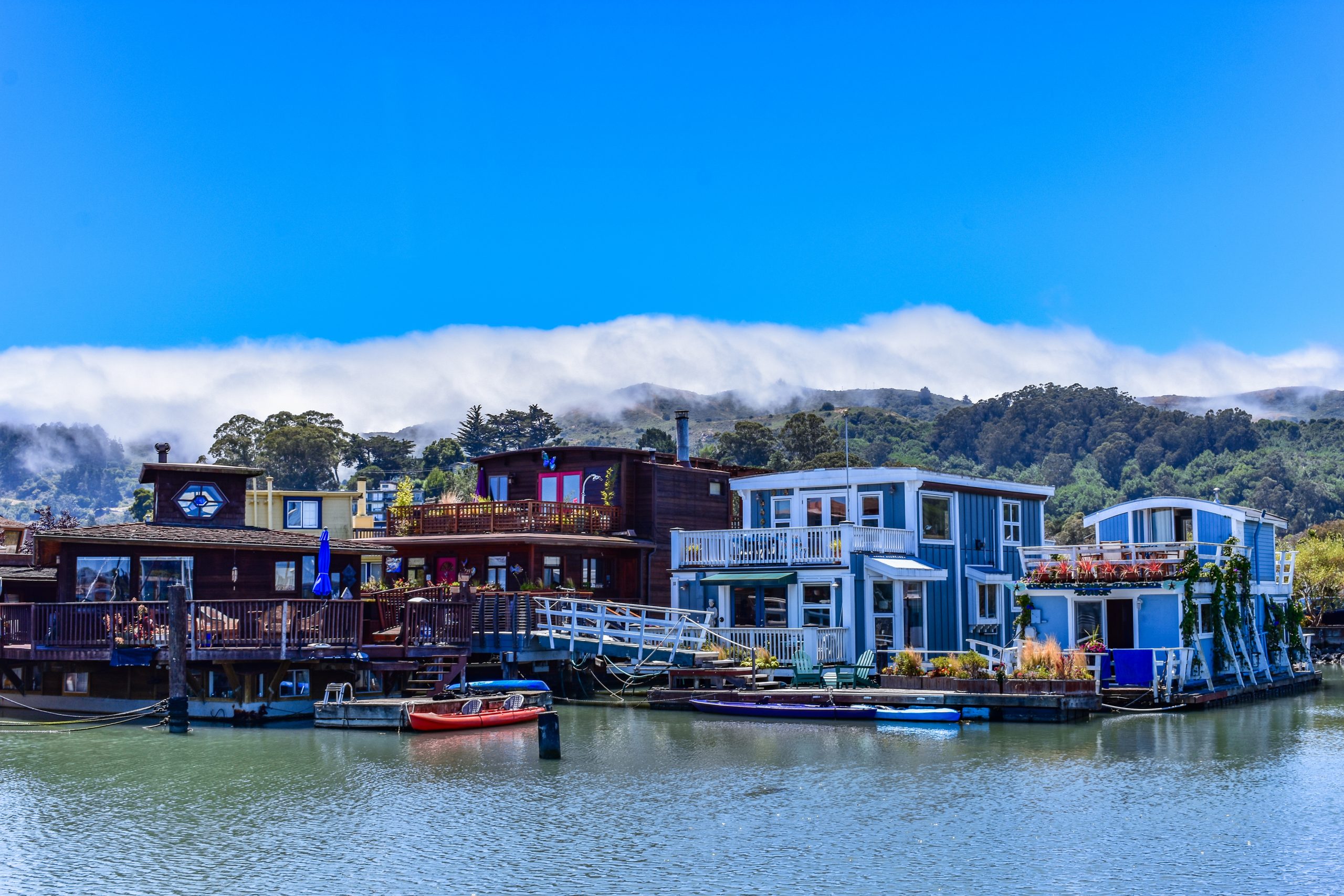 Several houseboats are pictured on the Sausalito waterfront.