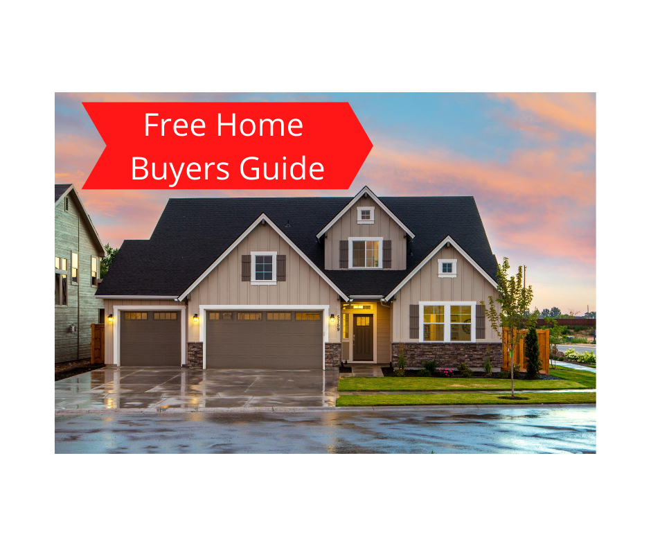 A gray colored home is pictured with a sunset in the background. A red arrow located in the upper left-hand side of the photo reads "Free Hone Buyers Guide" in white text.